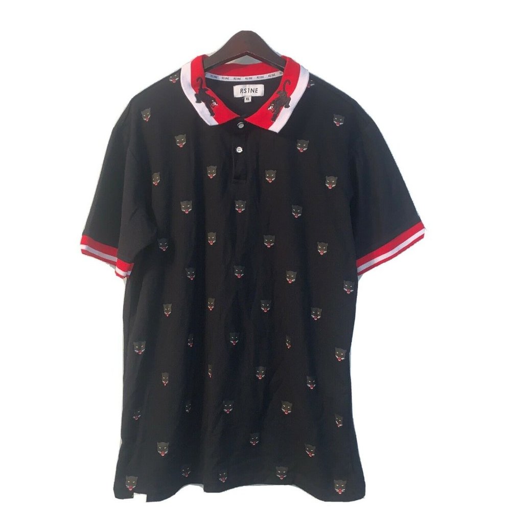 RS1NE Men's 3XL Black Panther Polo Shirt Embroidered Band Sleeves